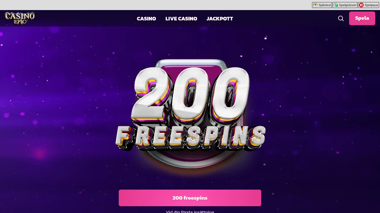 Startsidan på Casino Epic med logotyp, toppbanner och välkomsterbjudande