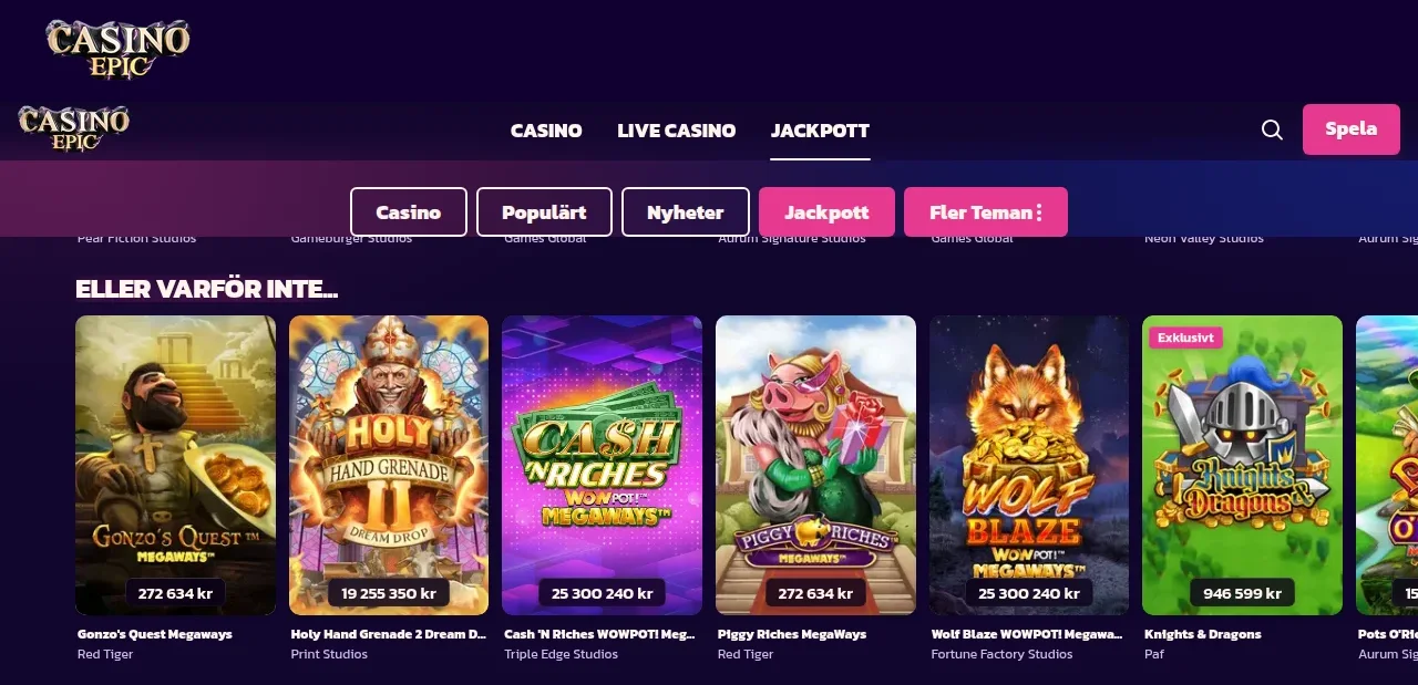 Jackpotsektionen på Casino Epic med jackpotsummor