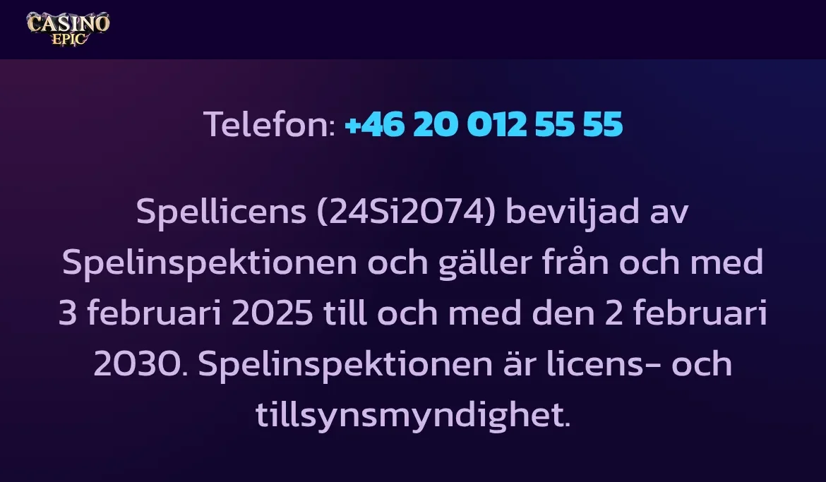 Licensnotisen på Casino Epic med Spelinspektionen och licensnummer