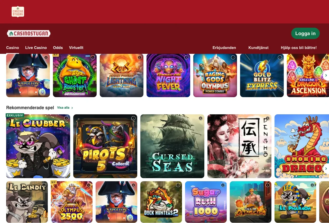 Casinostugans spellobby med rutor för slots och andra spel