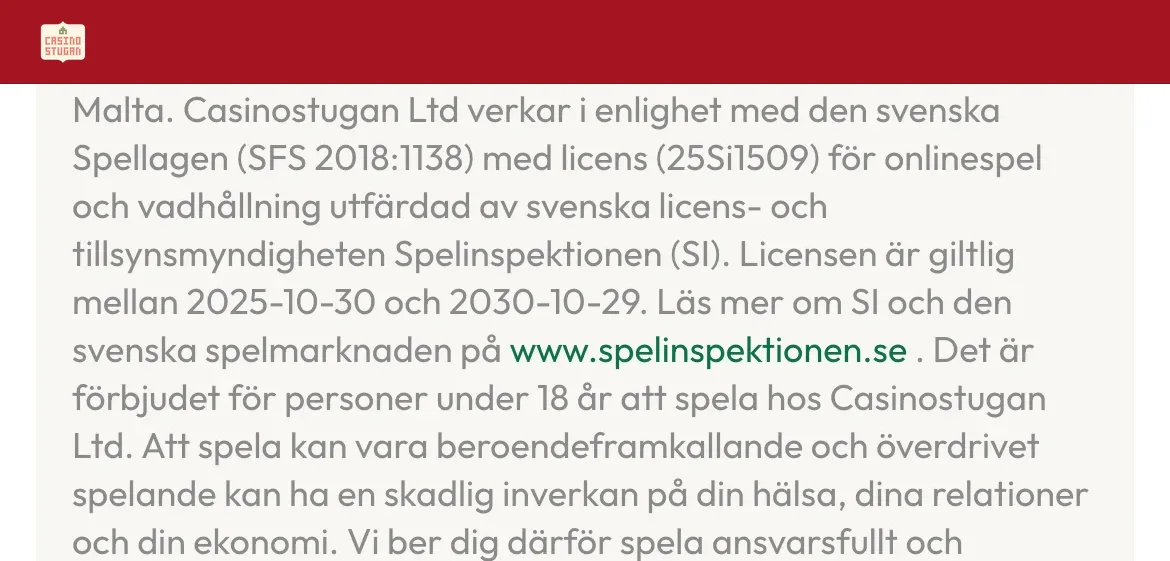Licensinformation från Spelinspektionen i Casinostugans sidfot