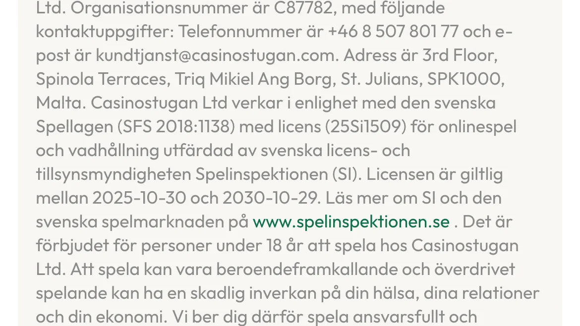 Casinostugans svenska spellicens från Spelinspektionen