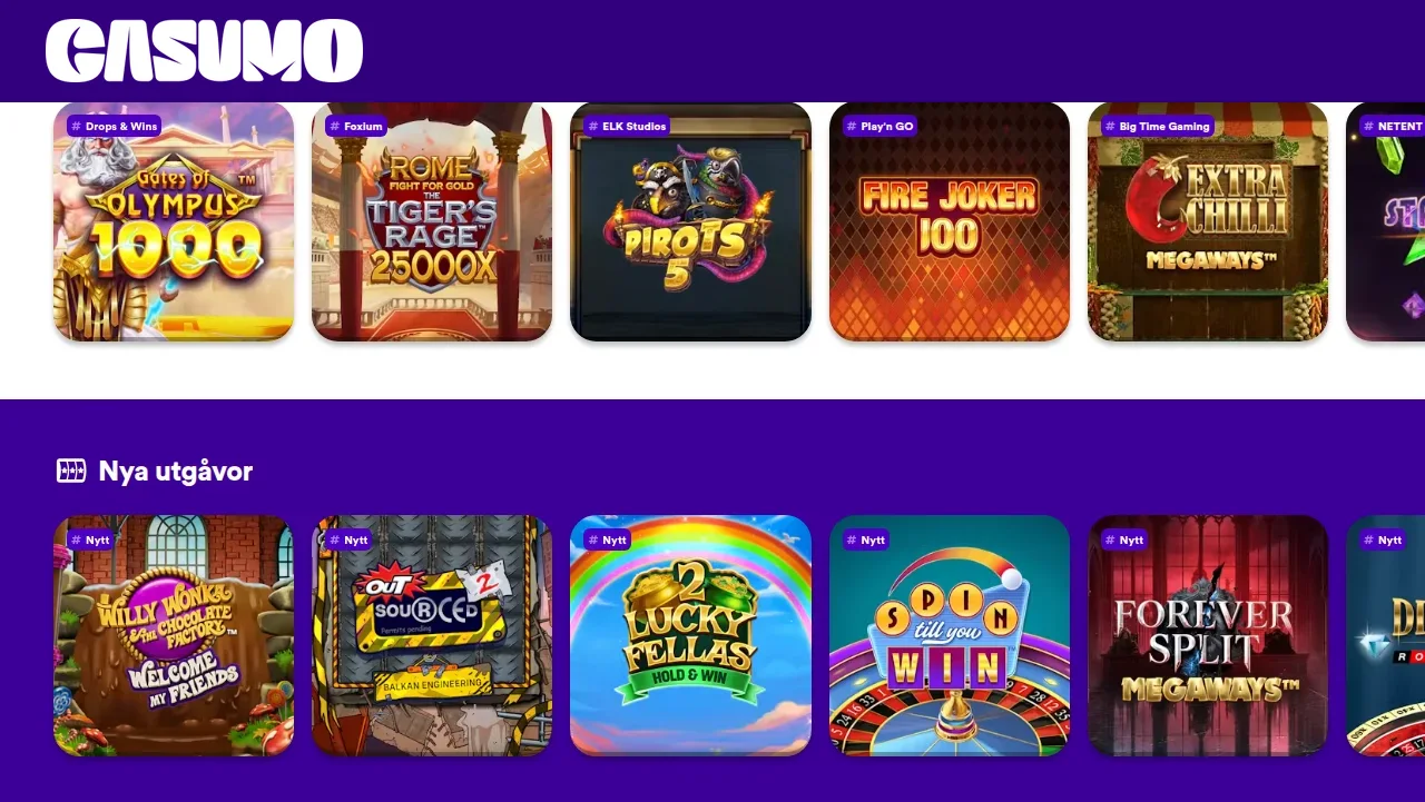 Casumos lobby med spelautomater från många studior