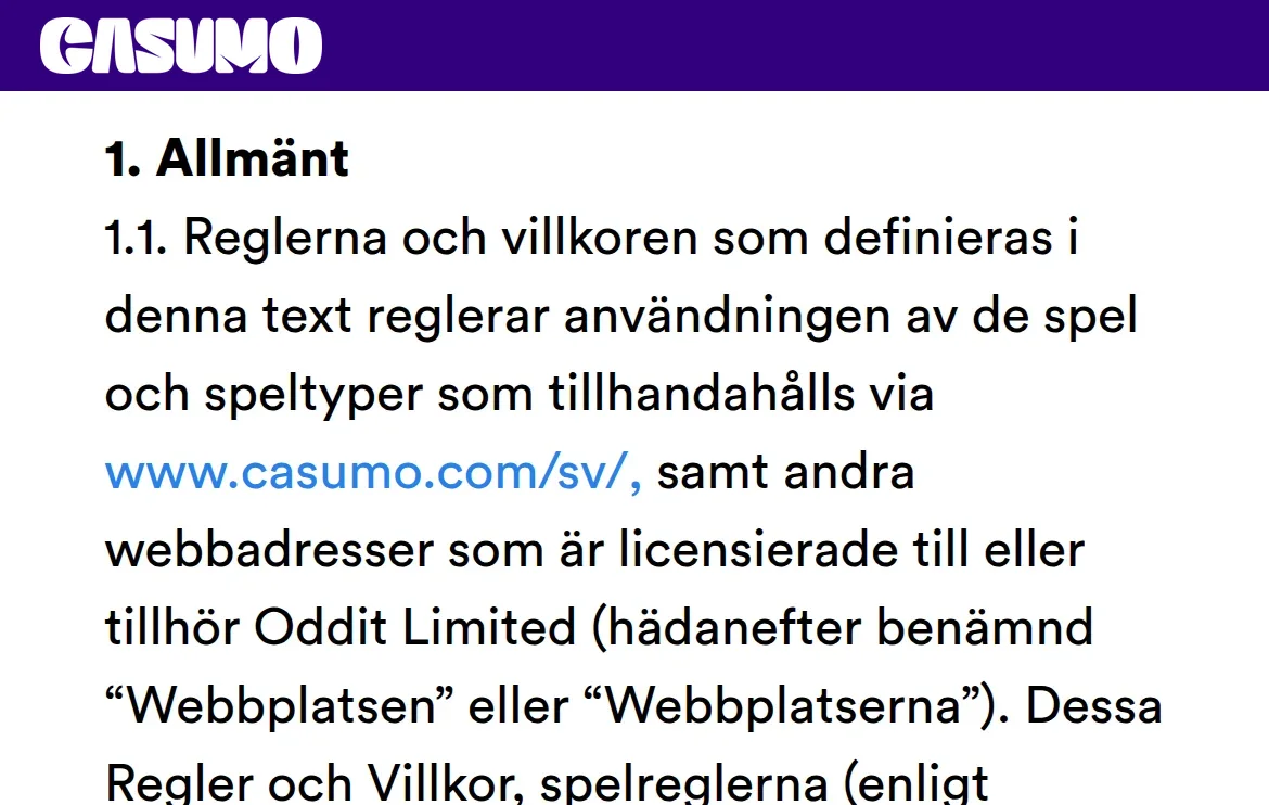 Casumos allmänna villkor med regler för uttag och verifiering