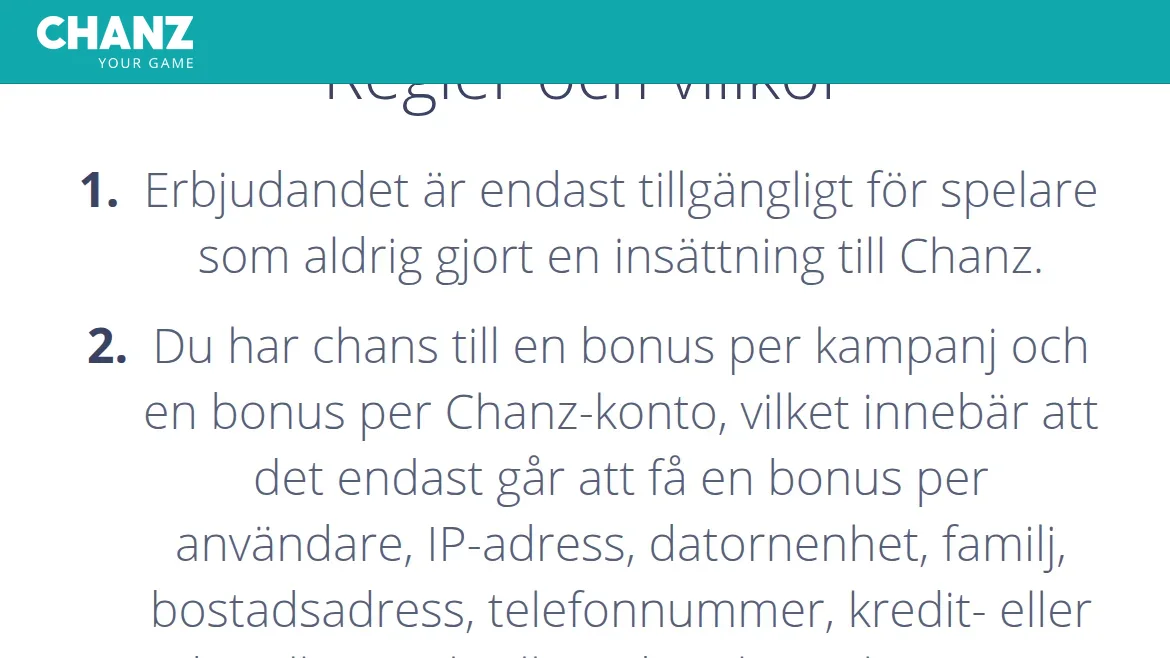 Chanz villkor för uttag och verifiering med BankID