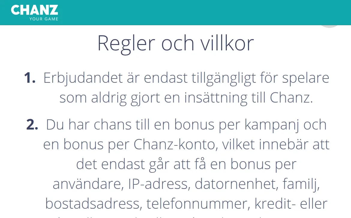 Chanz bonusvillkor med omsättningskrav och tidsgräns för välkomstbonusen