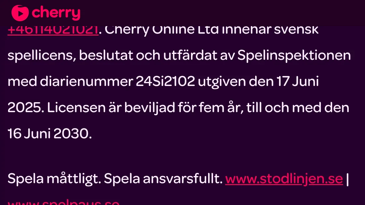 Cherrys licensinformation med licensnummer från Spelinspektionen
