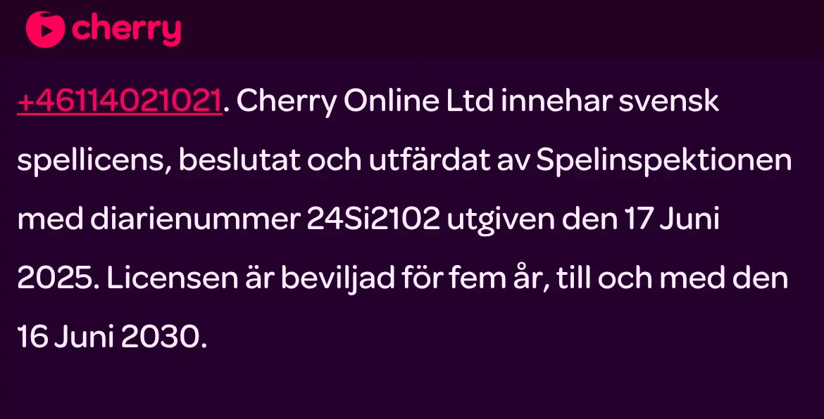 Licensinformation på Cherrys sajt med Spelinspektionen och diarienummer 24Si2102