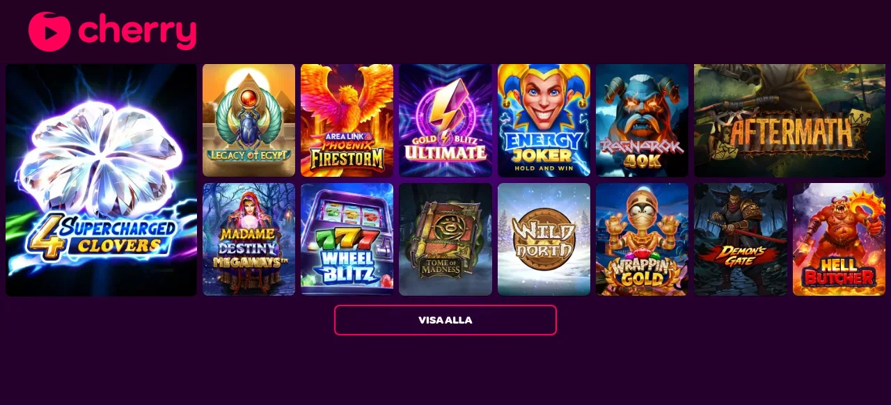 Cherrys casinolobby med spelkategorier
