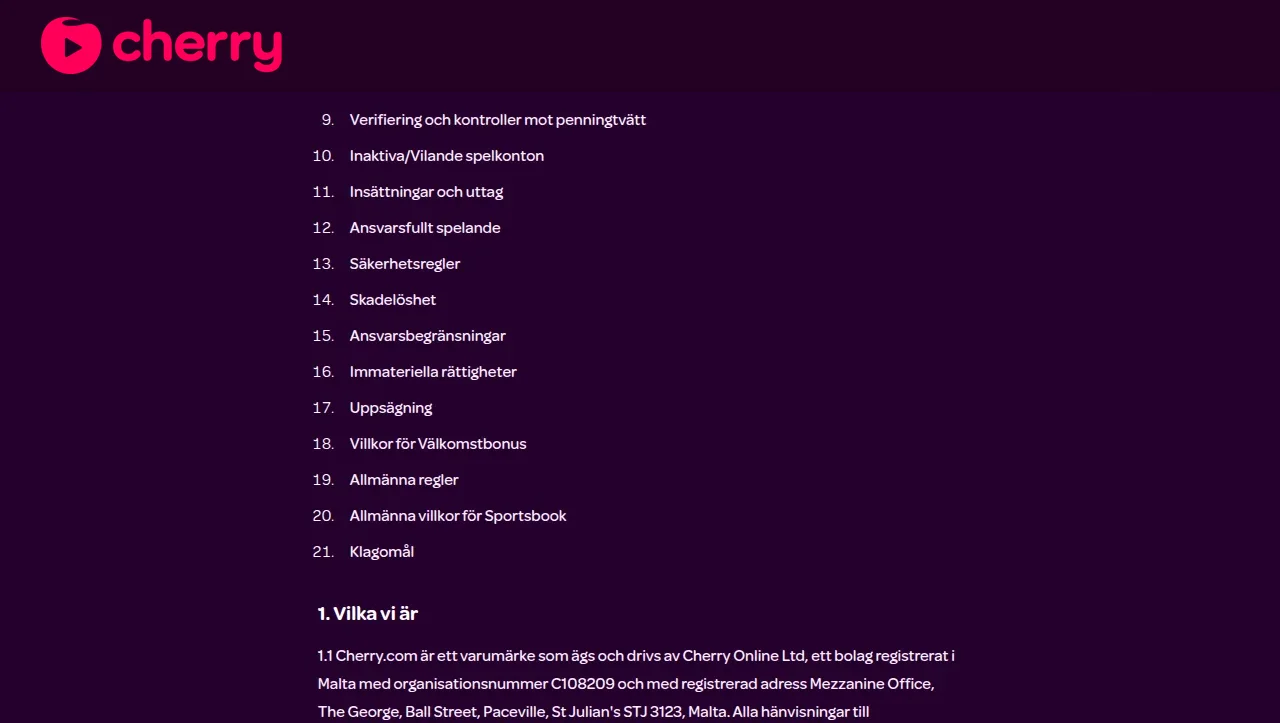 Bonusvillkoren hos Cherry som visas innan första insättningen