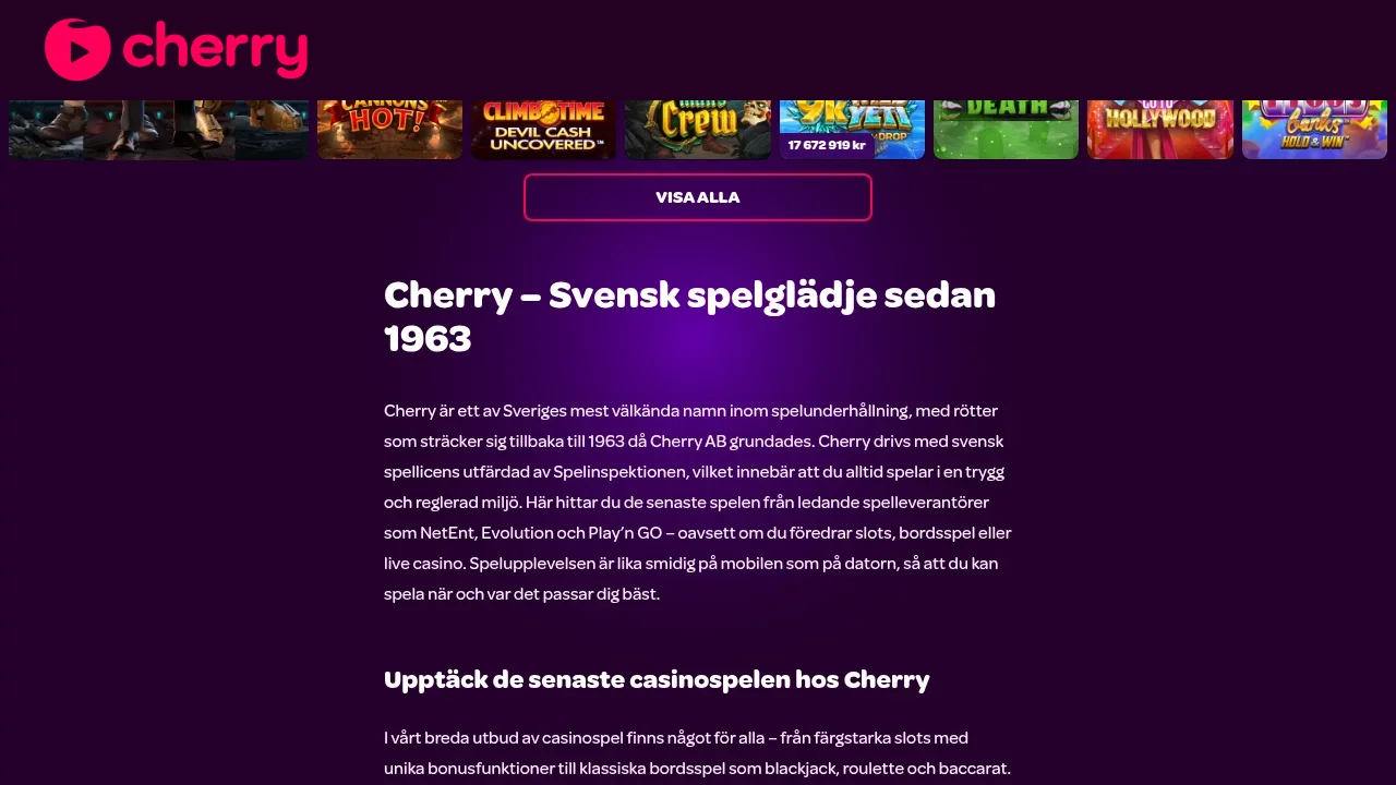 Skärmdump från Cherrys casinolobby