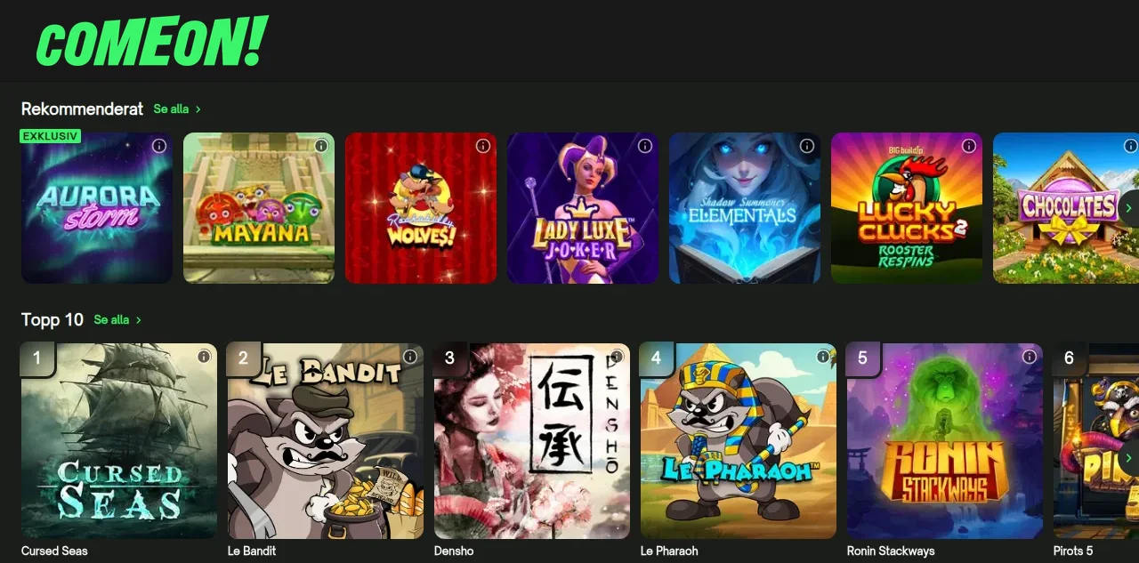 ComeOn spellobby med spelrutor för slots