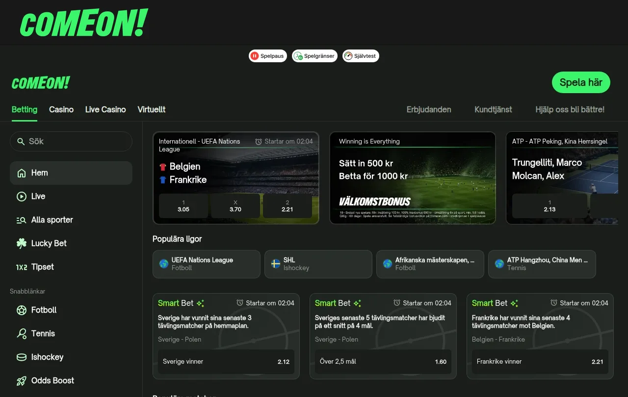 ComeOns startsida med menyn för casino och sportspel