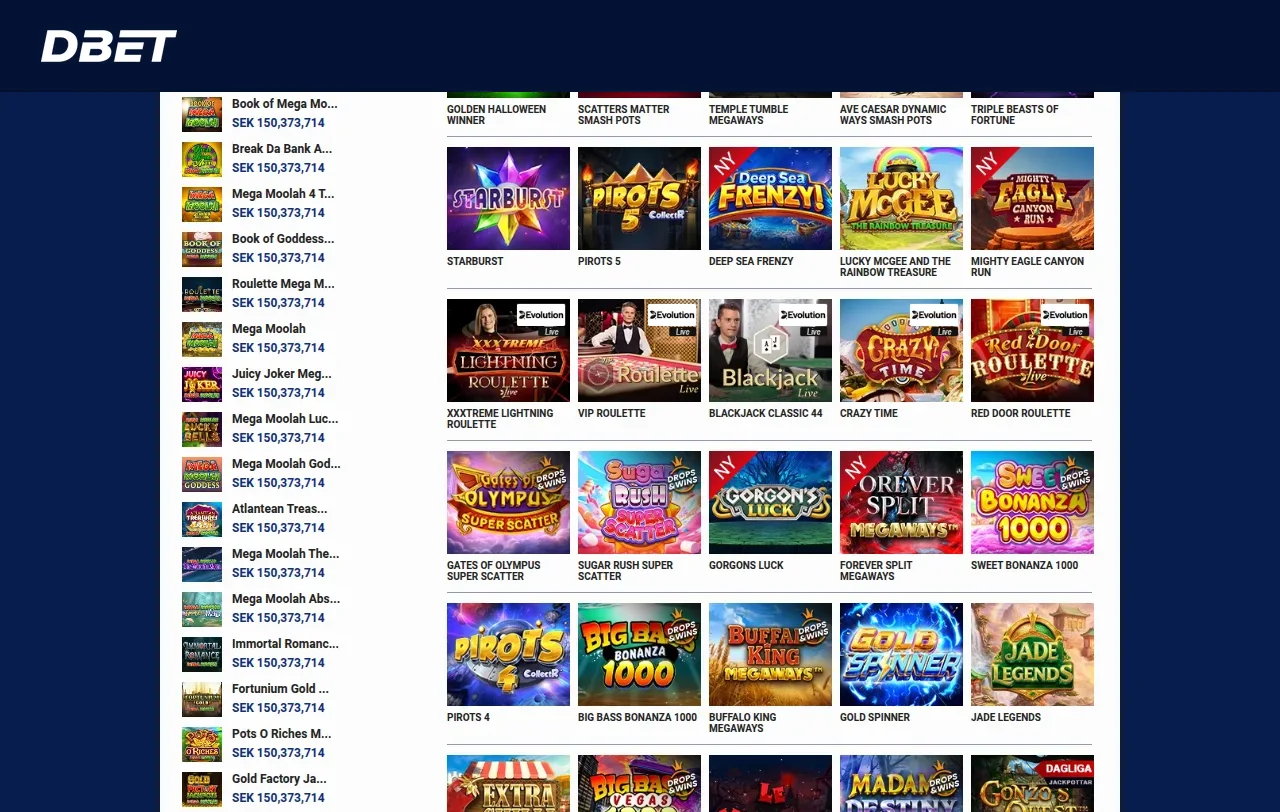 Dbets spellobby med slots och spelrutor