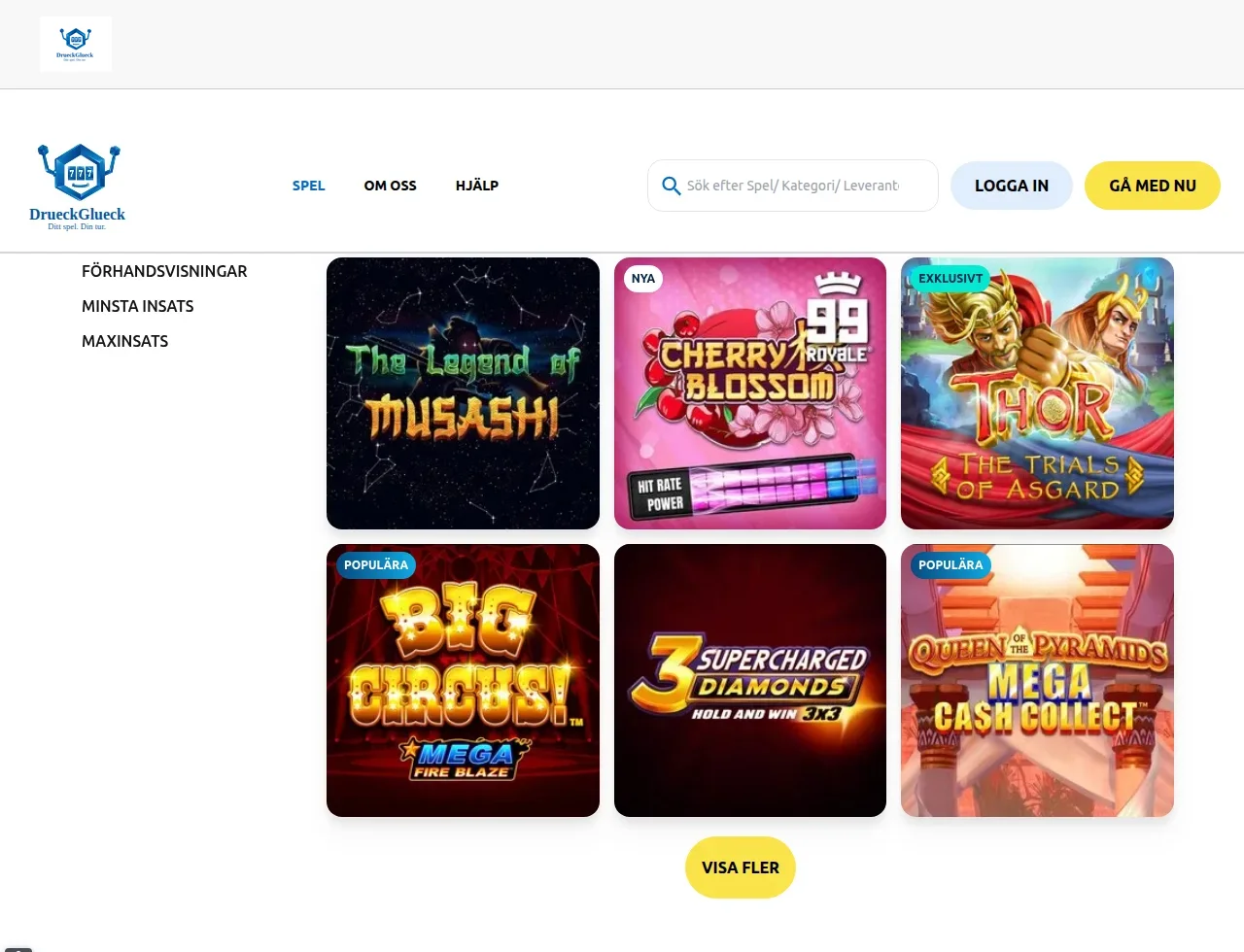 Drueckgluecks slotlobby med speltitlar som rutor