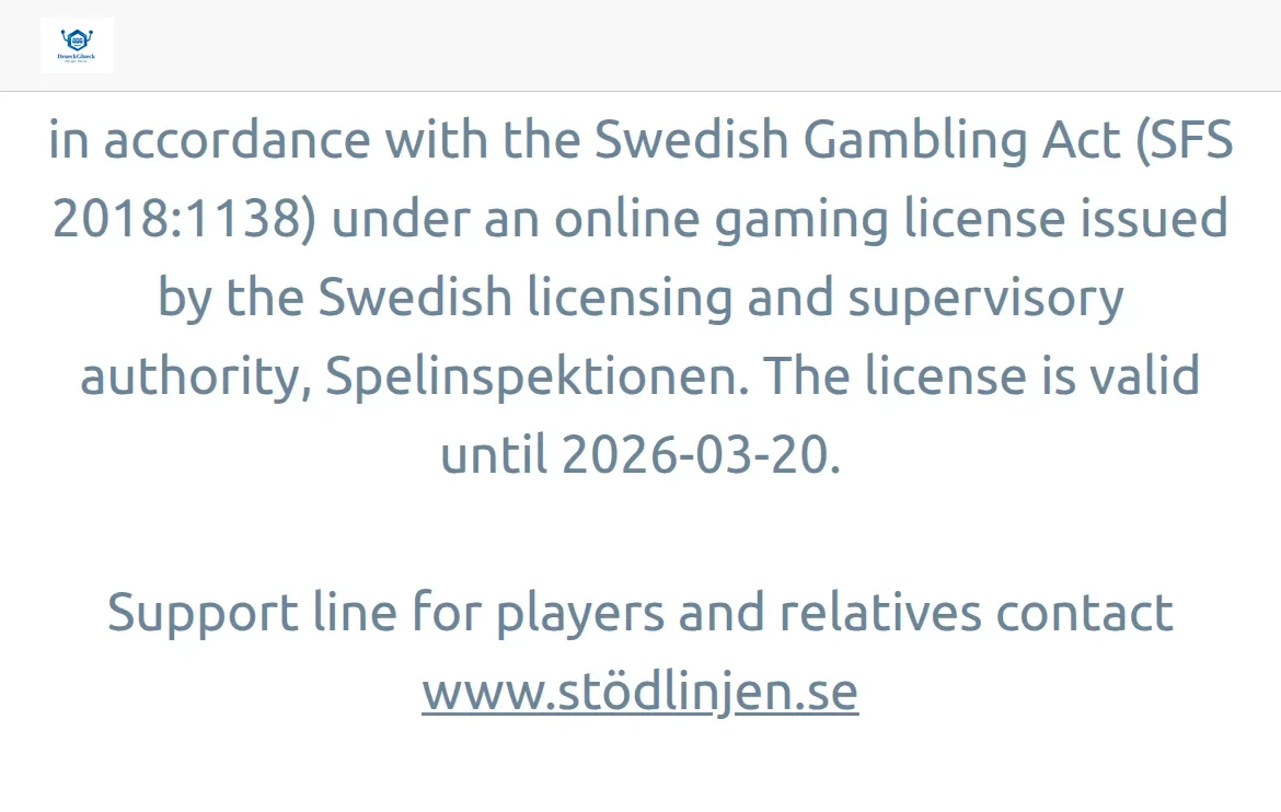 Licenstexten på Drueckgluecks sajt som hänvisar till Spelinspektionen
