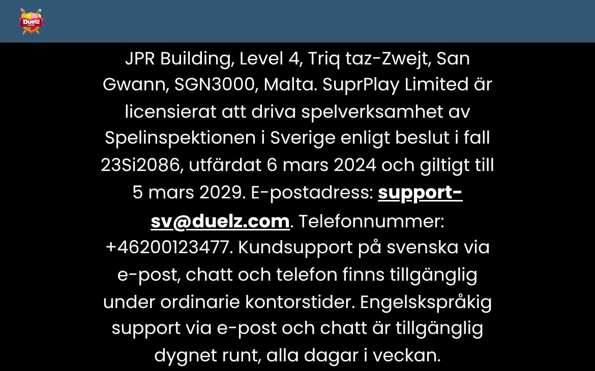Licensnotis på Duelz med Spelinspektionen och ärendenummer