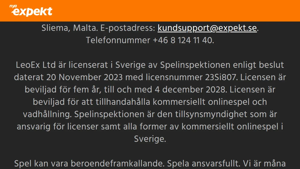 Expekts sidfot med uppgift om svensk spellicens från Spelinspektionen