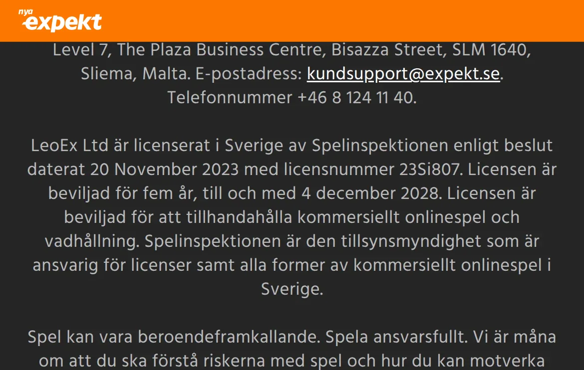 Licensuppgifter på Expekts sajt med Spelinspektionen och ärendenummer 23Si807