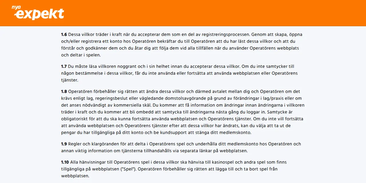 Bonusvillkor hos Expekt med omsättningskrav och giltighetstid