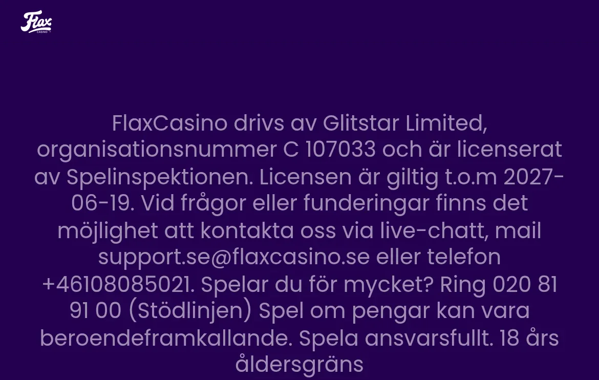 Licensinformation från Spelinspektionen i Flaxcasinos sidfot
