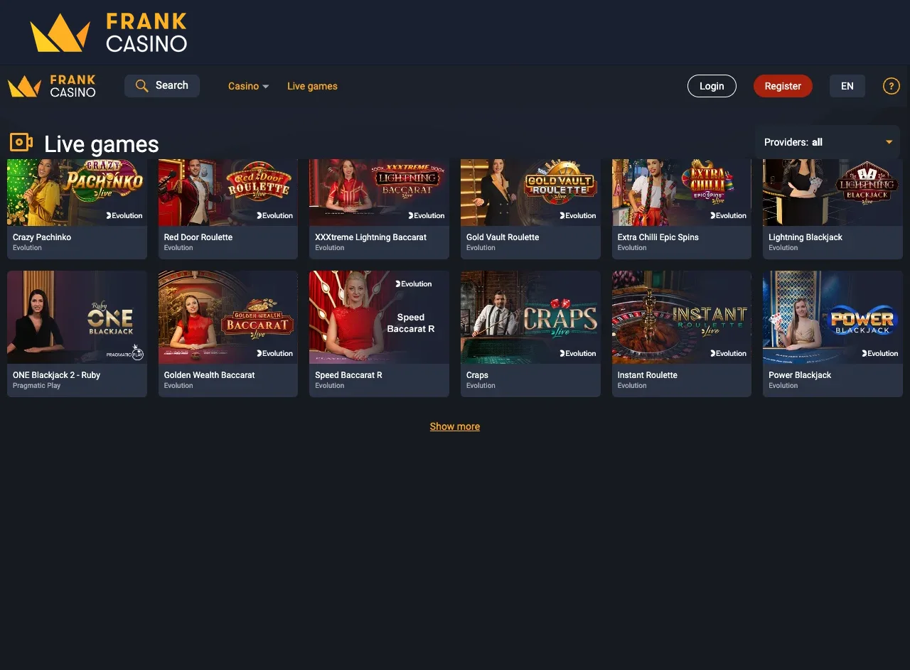 Livecasinoavdelningen på Frankcasino