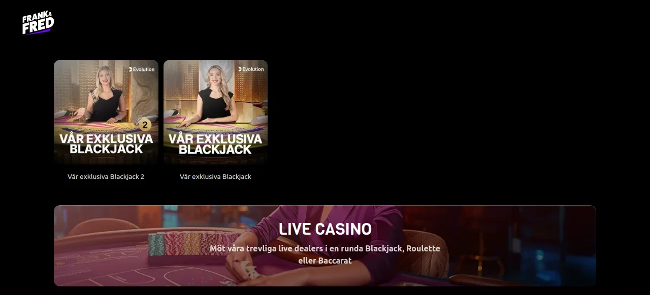 Casinolobbyn hos Frankfred med spelrutor för slots och casinospel