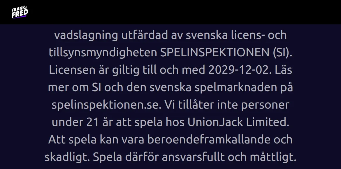Licensinformation i sidfoten på frankfred.com med hänvisning till Spelinspektionen
