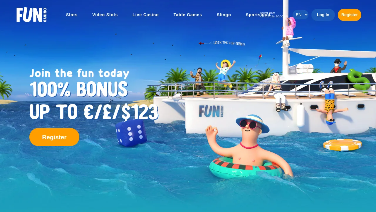 Funcasinos startsida med logotyp, toppbild och första erbjudandet