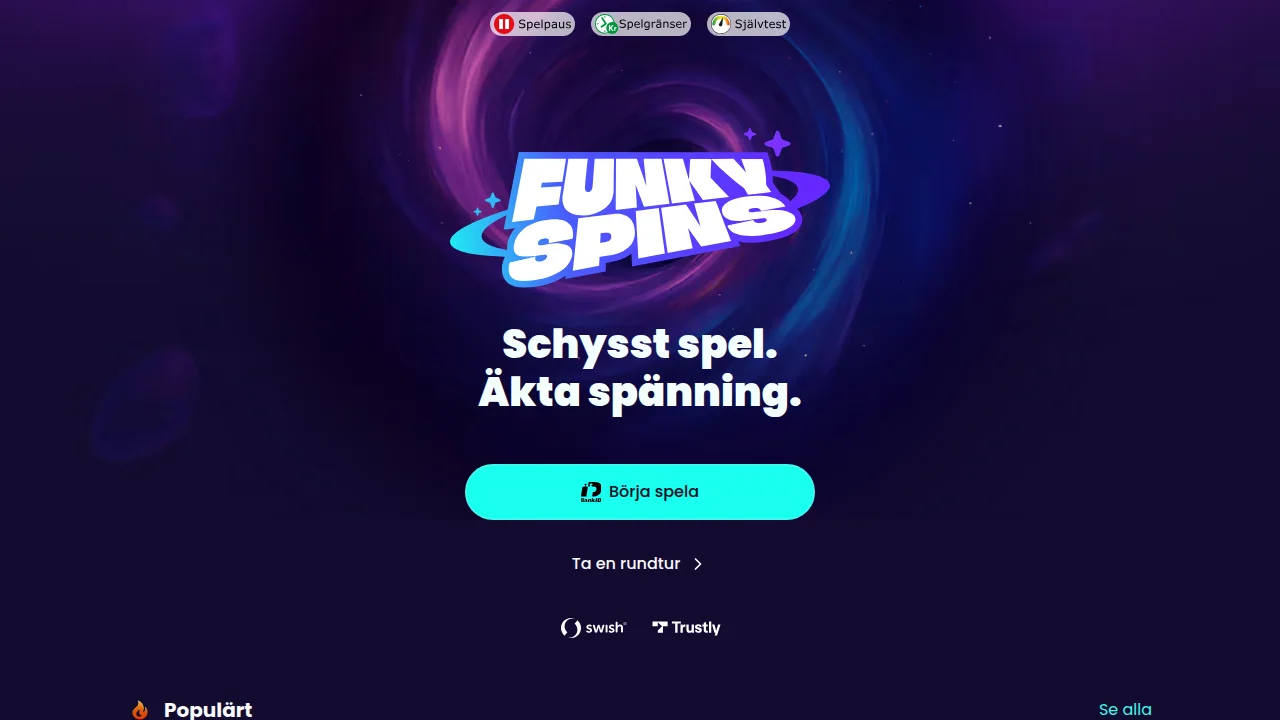 Funkyspins startsida med logotyp, hero-yta och första erbjudandet
