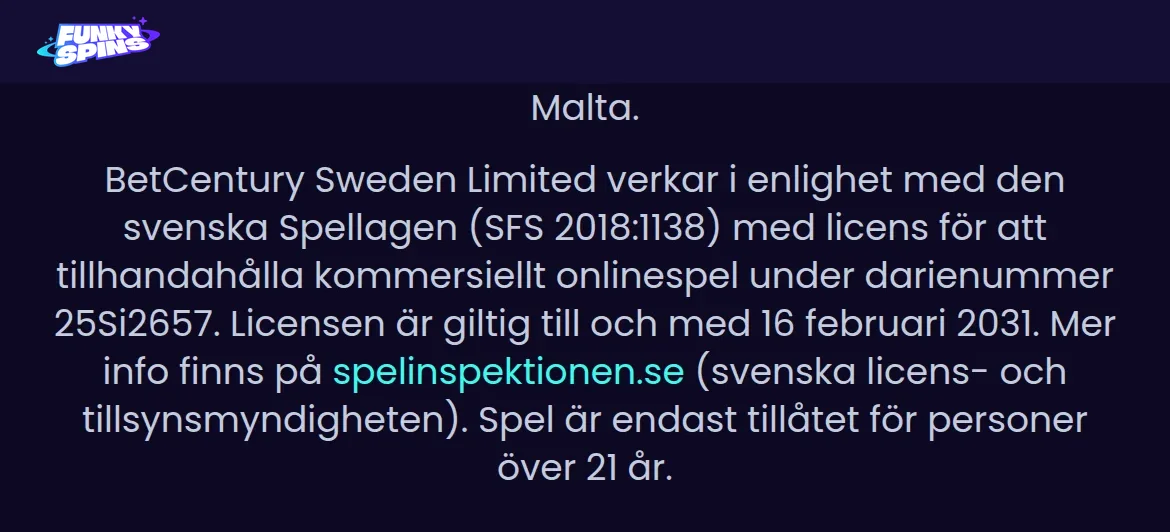 Licensinformation på Funkyspins med spelmyndighet och licensnummer