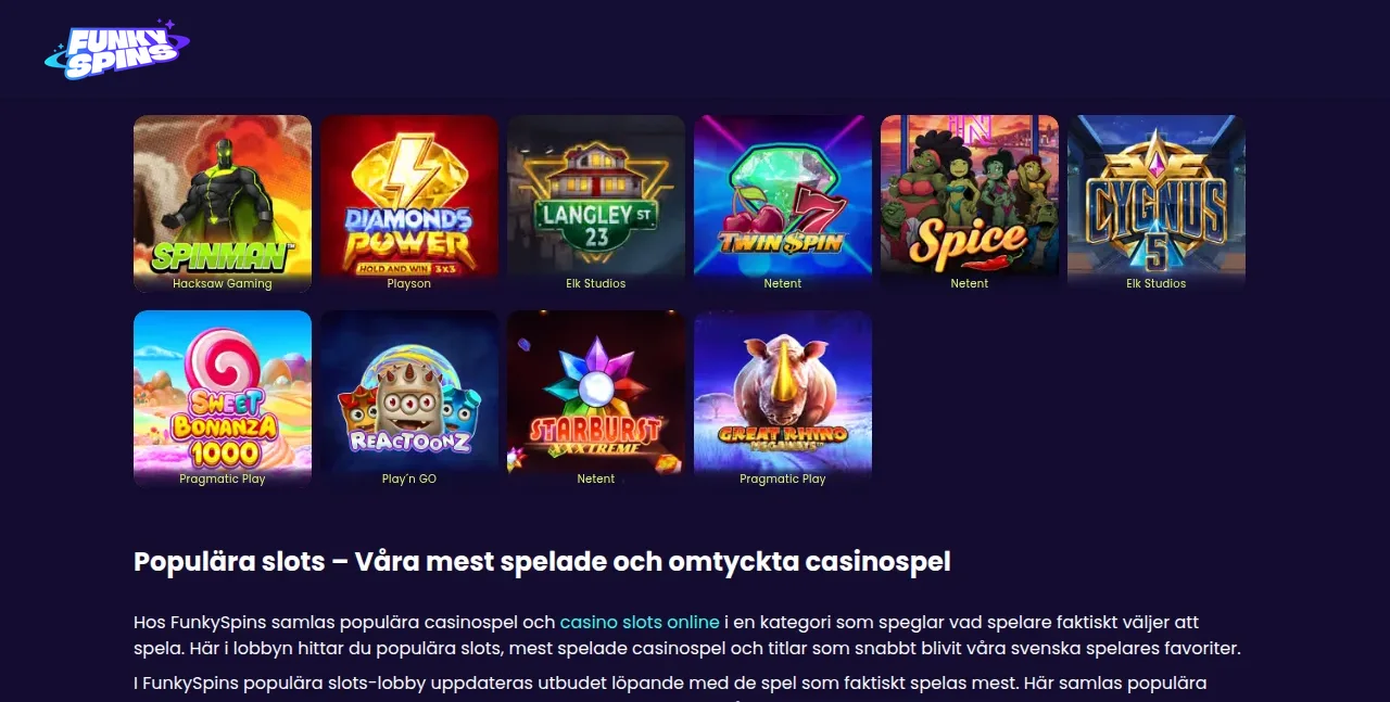 Funkyspins lobby, ytterligare en del längre ned på sidan