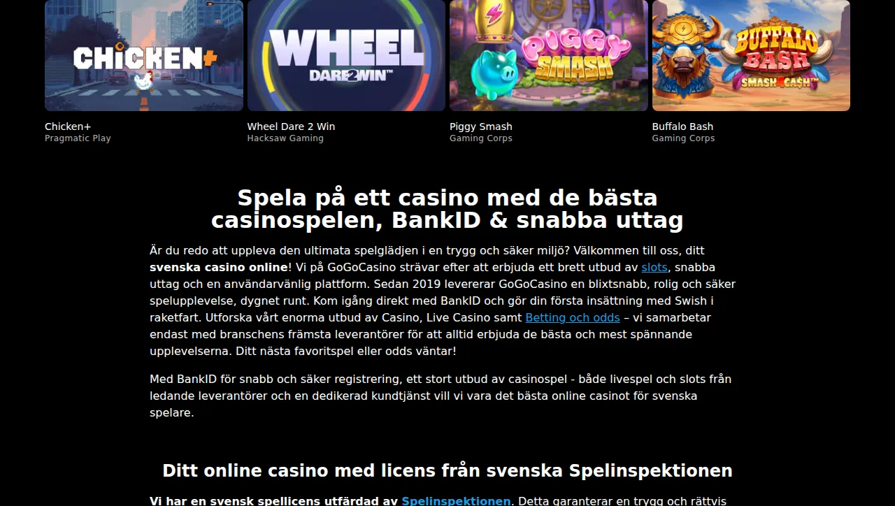 Gogocasinos spellobby med slots och spelrutor