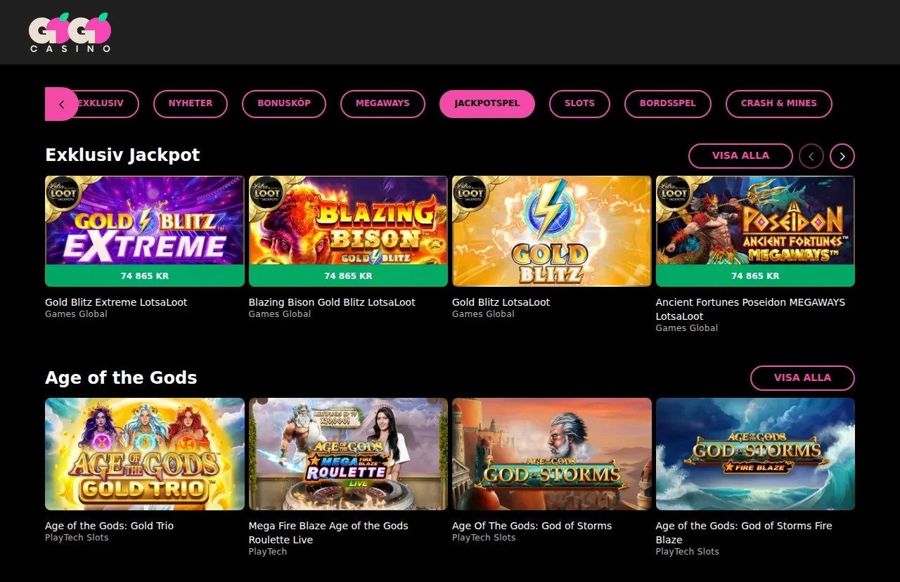 Gogocasinos jackpotsektion med GoGoJackpot