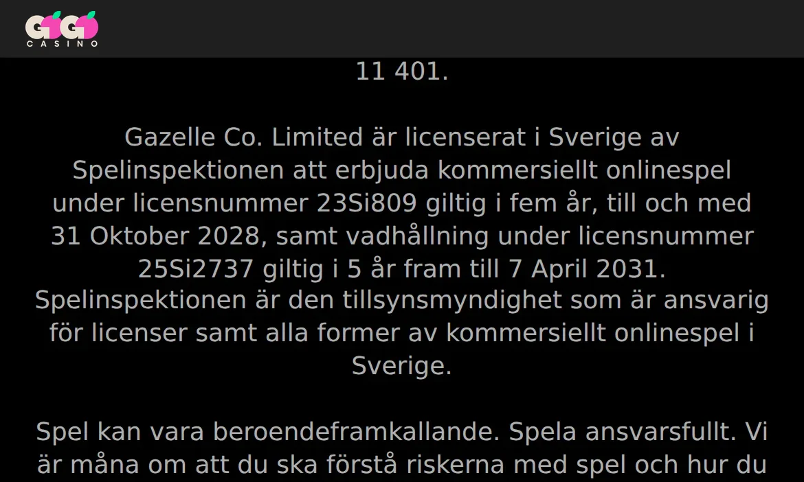 Licensinformation på Gogocasinos sajt