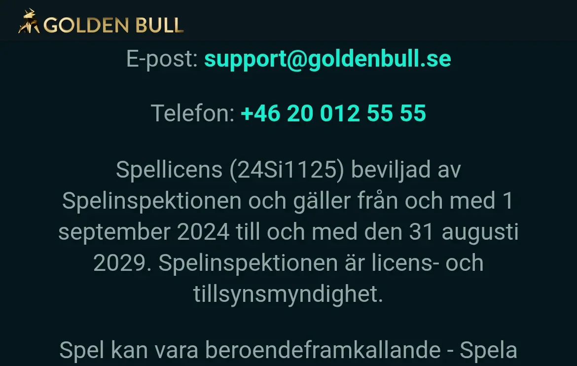 Licensinformationen på Goldenbulls sajt med Spelinspektionen och licensnummer 24Si1125