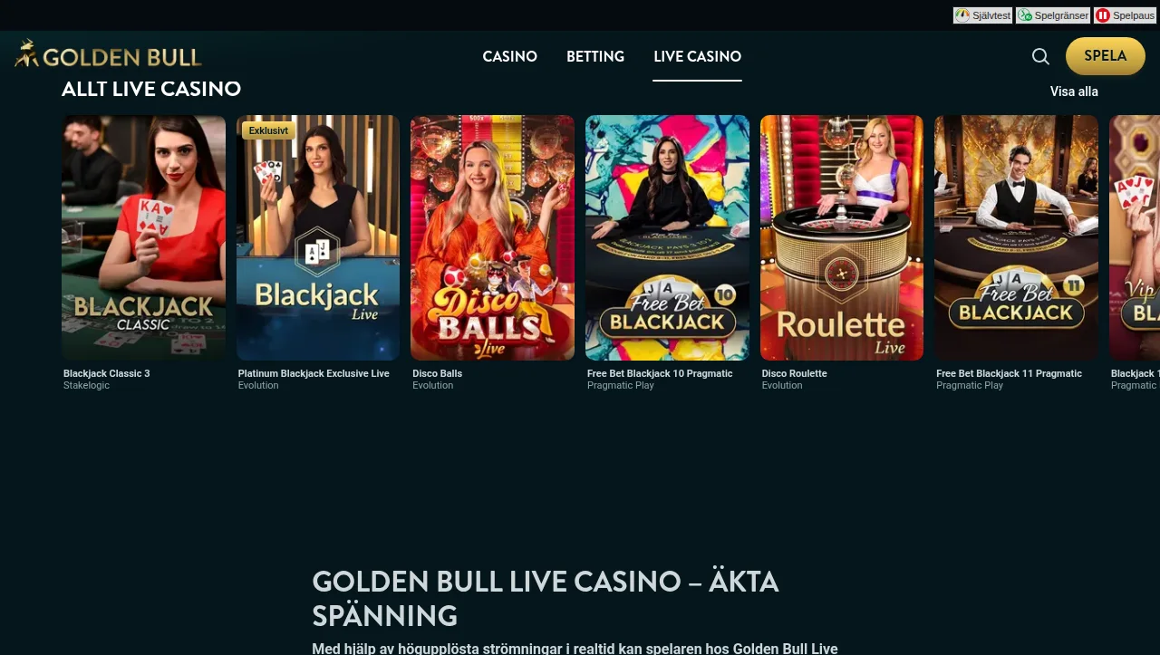 Livecasinosektionen hos Goldenbull