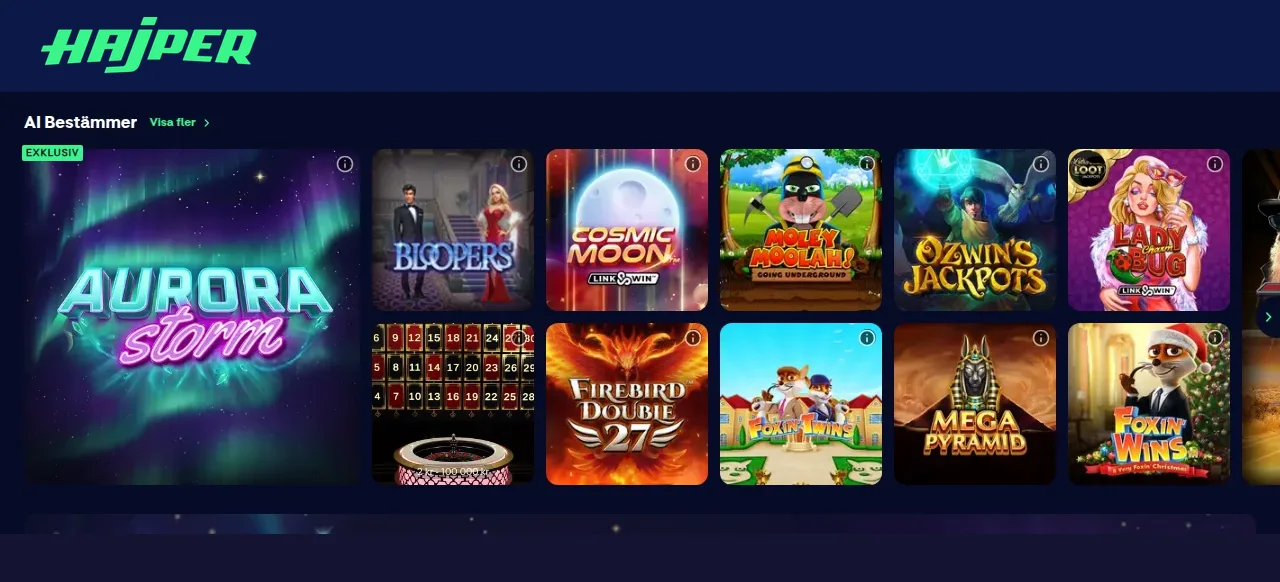 Översikt över spelautomater hos Hajper med spelrutor och sökfunktion