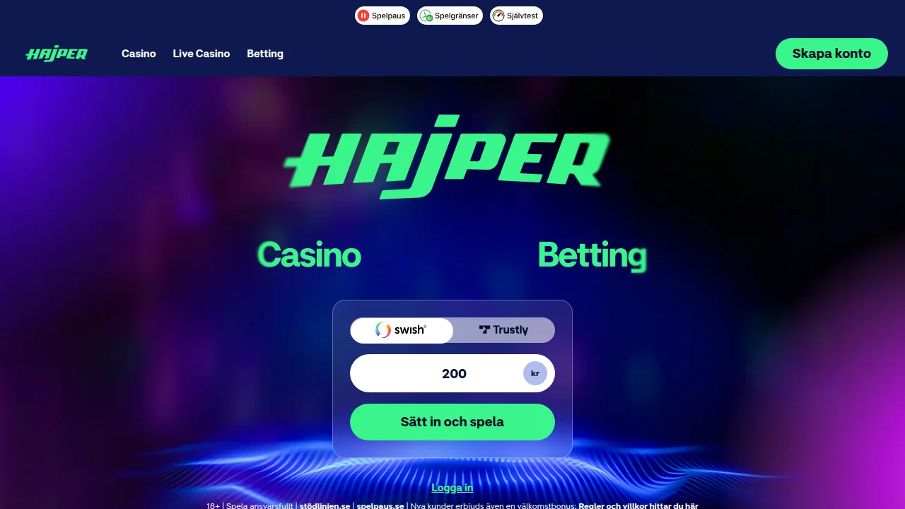 Hajpers startsida med meny för casino och sportspel