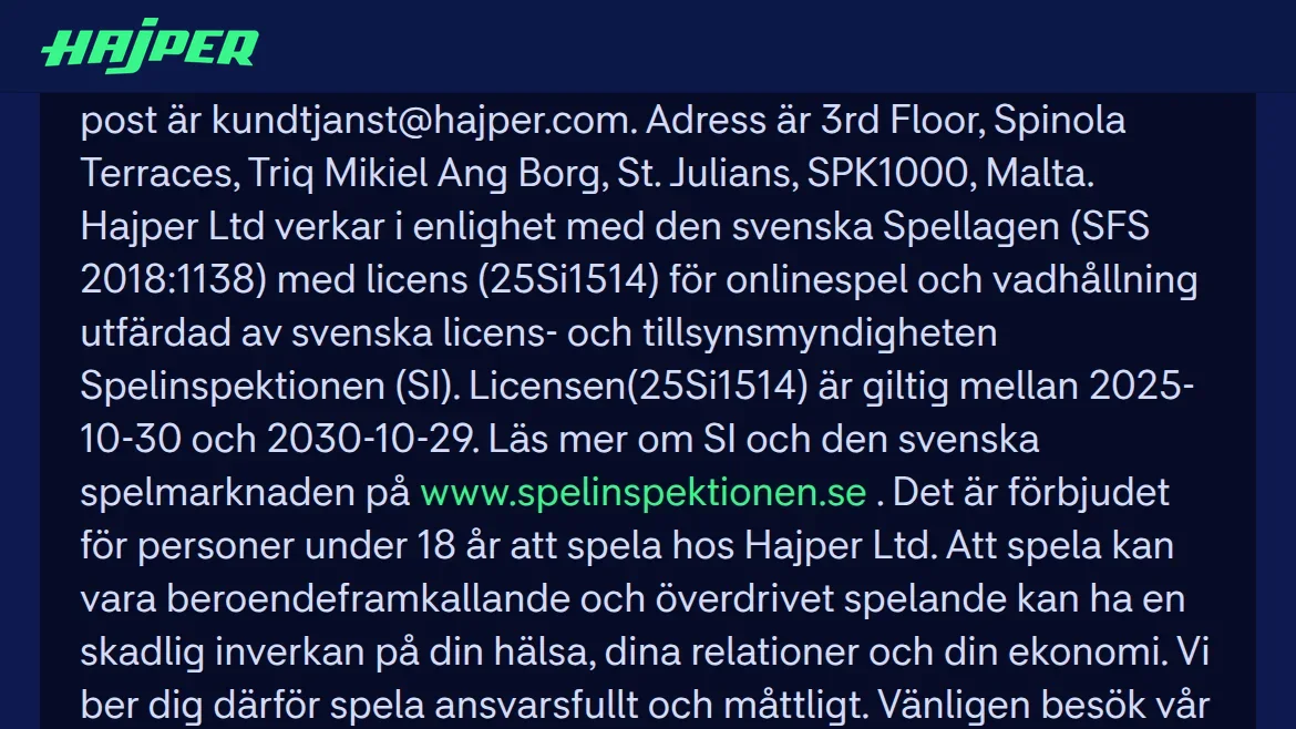 Hajpers licensinformation med licensnummer från Spelinspektionen