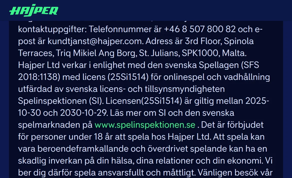 Hajpers licensinformation med Spelinspektionen och licens 25Si1514