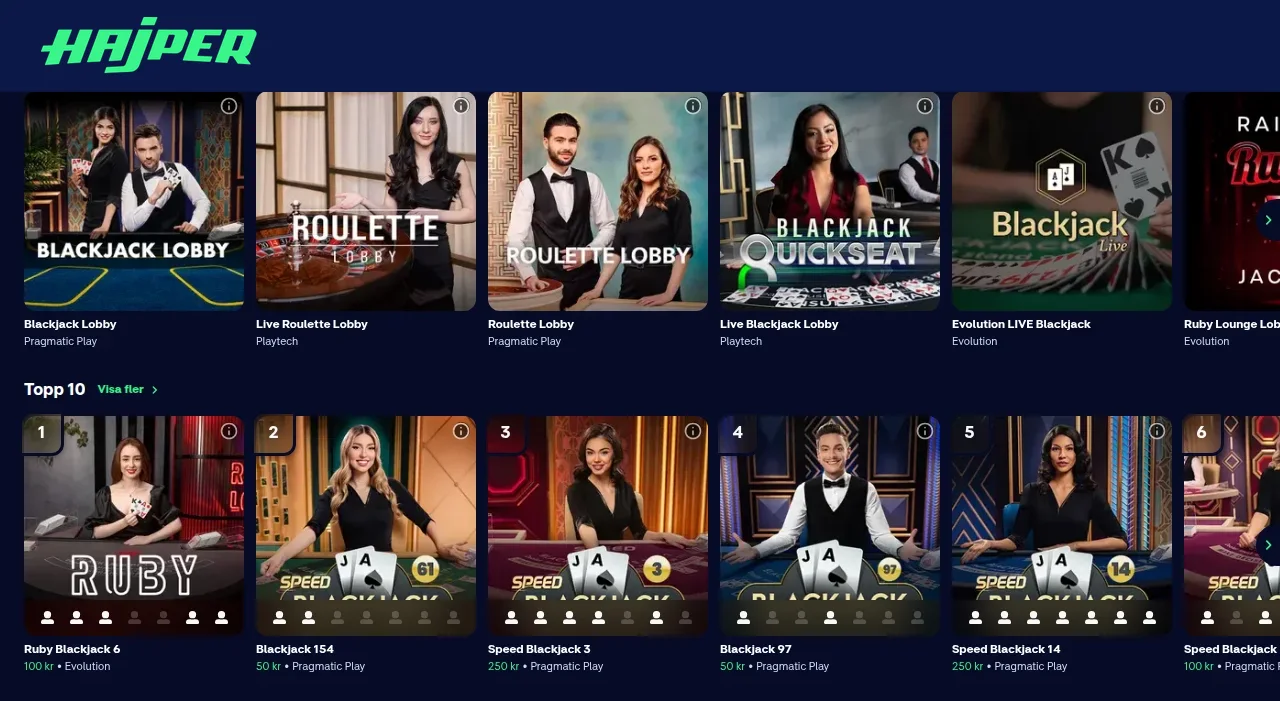 Hajpers livecasino med bordsspel och game shows