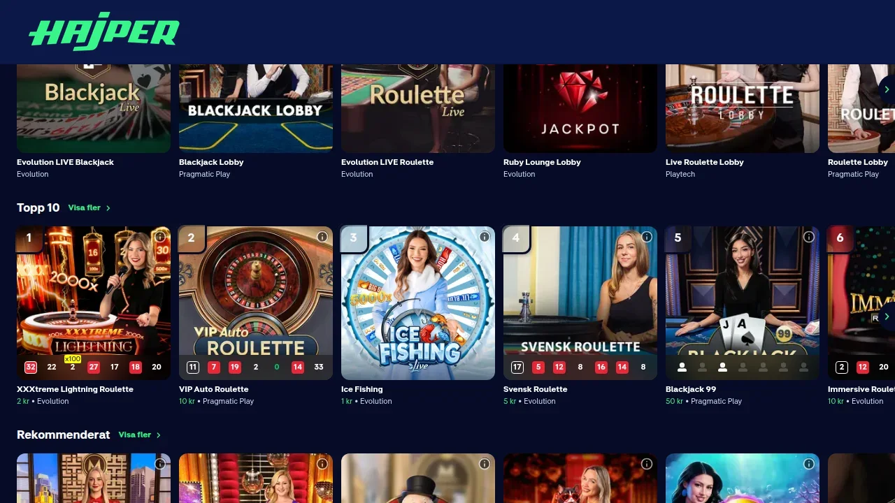 Hajpers livecasino med bord för roulette och blackjack
