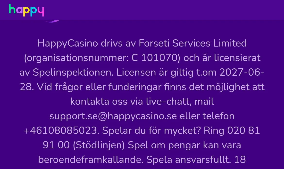 Licensinformationen på HappyCasinos webbplats