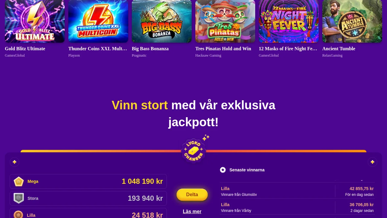 HappyCasinos startsida och spellobby med välkomstbonusen