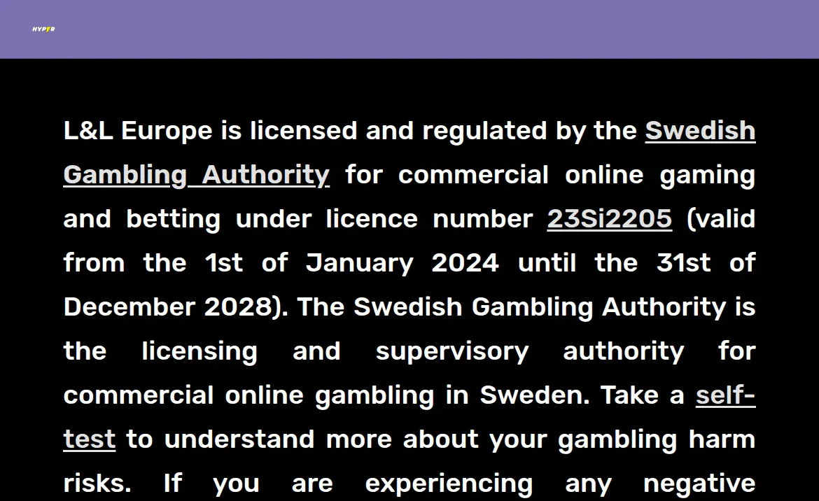 Licensinformation på Hypercasinos sajt med Spelinspektionen