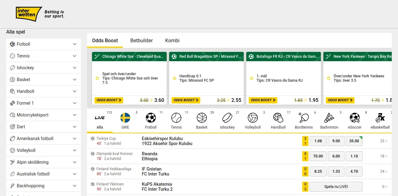 Interwettens spellobby med spelrutor för slots och andra casinospel