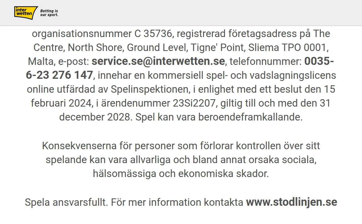 Licenstexten på Interwettens sajt med Spelinspektionen och ärendenummer