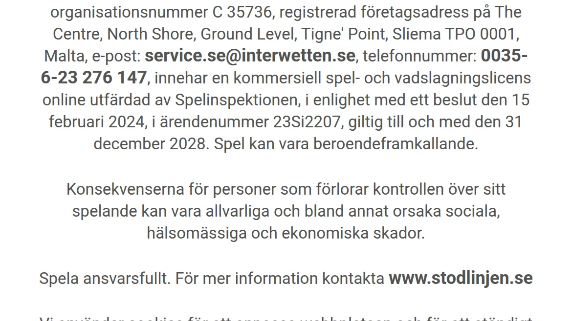 Information om Interwettens svenska spellicens från Spelinspektionen