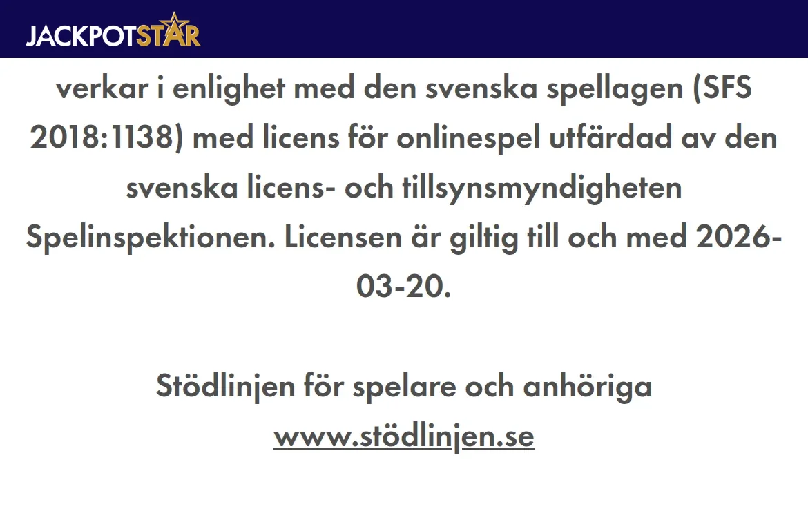 Licenstexten i Jackpotstars sidfot med Spelinspektionen och SkillOnNet LTD